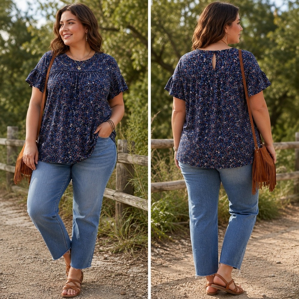 Lane Bryant Floral Cotton Slub Tee Women's 14/16 Navy Flutter Sleeve Top Cotton